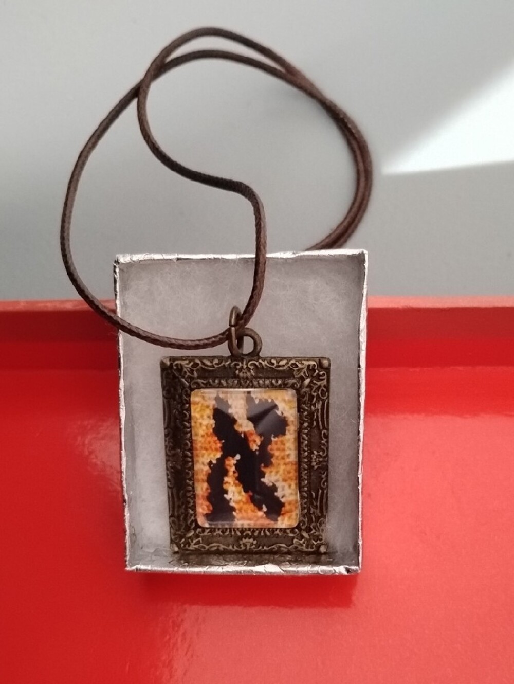 Alefbet VintageBronze Frame Pendant Necklace with Brown Cord - Brown/Gold